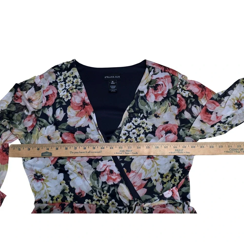 Stella & Julie Floral Faux Wrap Mesh Dress Navy‎ Pink 3/4 Sleeve Size 14 A5